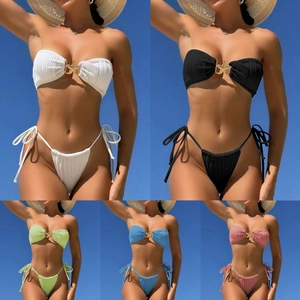 Bikini Swimwear Ribbed Texture Bandeau Top And Tie Side Bottom With Starfish Metal Buckle Sexy Beach Women