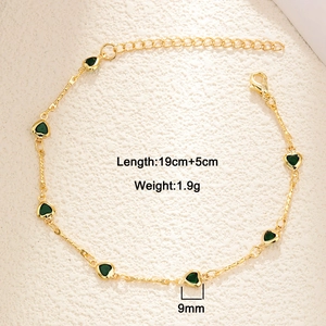 Gold emerald heart bracelet with double layer chain and 19+5cm adjustable length