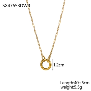 Gold stainless steel chain necklace with 1.2cm round pendant on a white background