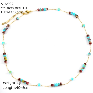 Detail view of 18k gold plated stainless steel beaded necklace with product dimensions