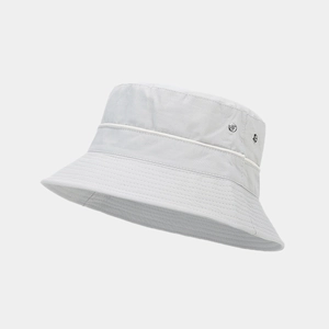 Detail of light gray waterproof sun hat with metal side eyelets for breathability