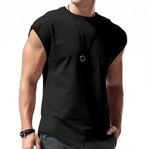 Front view of men's athletic black sleeveless shirt with slim fit and round neck design