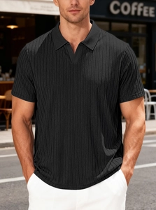 Men's black knit short sleeve polo shirt with vertical stripes and V-neck lapel design