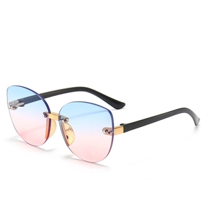 Kids irregular gradient blue pink rimless sunglasses with black and gold metal temples
