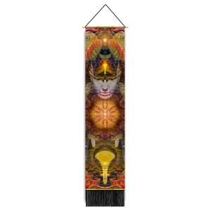 Vertical wall scroll art featuring psychedelic bee and hexagon motifs with black tassels
