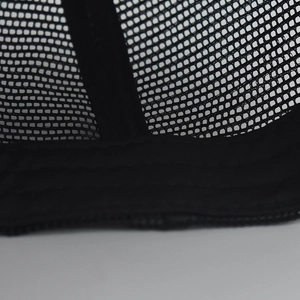 Close-up of the breathable black mesh material on the back of the trucker baseball cap