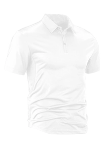 Detail view of white polo shirt featuring three-button collar and breathable knit fabric