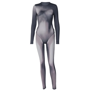Detailed view of gray long sleeve jumpsuit with artistic body contour silhouette printing