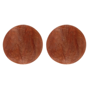 Brown acrylic round stud earrings with gold glitter and marble texture on white background