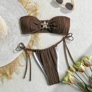 Detailed view of coffee brown pleated bikini set with a golden starfish hardware buckle