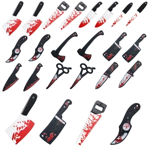 Cartoon Halloween acrylic weapon charms featuring bloody knives and saws on white background