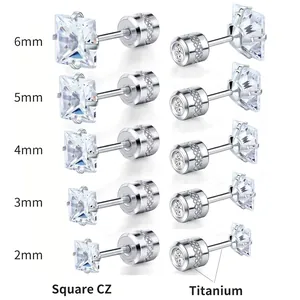 Boucles d'oreilles barbell en titane avec CZ carrés et sertissage à quatre griffes
