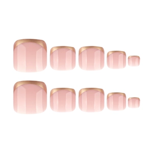Faux ongles d'orteils French nude rose avec pointes dorées métalliques sur fond blanc