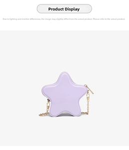 Detail of star-shaped purple PVC crossbody bag with gold metal chain and zipper