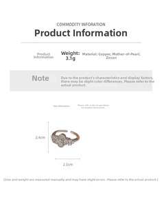Detailed technical specifications for zircon mother of pearl flower open ring, 3.1g