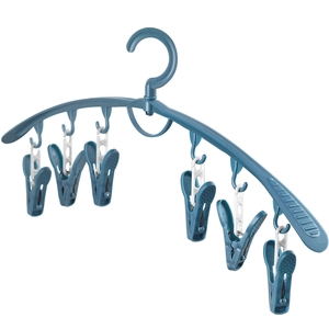 Windproof clothes hanger with 6 clips and wide non-slip shoulder support in grey blue