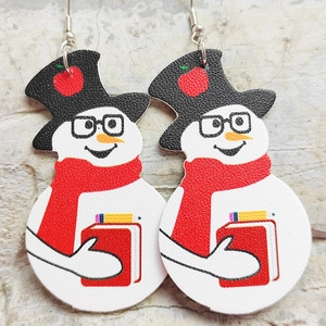 Macro detail of snowman leather earrings showing fine texture and festive colors
