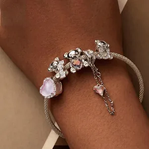 S925 sterling silver mesh bracelet featuring cute bear charms and pink heart gems