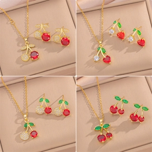 Cherry Necklace And Earrings Titanium Steel Gold Plated Red Zircon Fruit Pendant Luxury Fashion Women Accessory