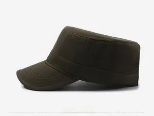 Detail view of the flat top cadet hat showing reinforced stitching and metal logo label