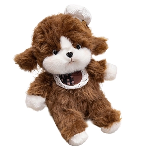 Fluffy teddy dog plush toy with floral bib and decorative hat for nursery decor