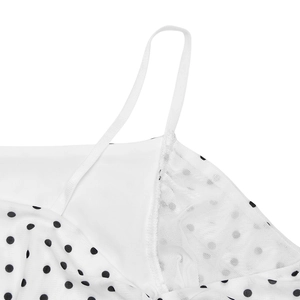 Detail of white polka dot top showing mesh splicing and delicate shoulder straps