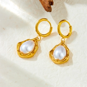 French vintage gold-plated stainless steel earrings with irregular pearl teardrop charms