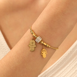 Bracelet Main De Fatma Oeil Maléfique Acier Inoxydable Plaqué Or 18K Avec Strass Bijoux Boho Pour Femmes