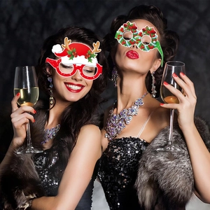 Festive Christmas party glasses with reindeer antlers and wreath design on models