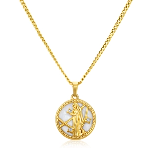 Close-up of gold zodiac pendant with white mother-of-pearl and crystal accents