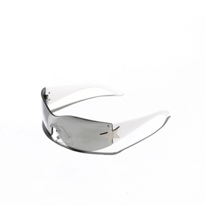 Y2K rimless sunglasses with grey shield lenses and silver star detail on white arms