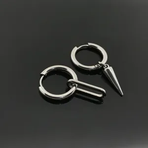 Minimalist stainless steel hoop earrings with spiked cone and oval chain link pendants