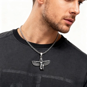 Retro stainless steel necklace with Egyptian goddess Maat pendant on male model