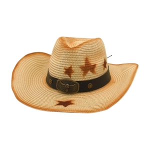 Western straw cowboy hat with a metal bull head buckle and star pattern for summer beach