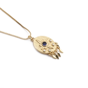 Gold-plated evil eye necklace with blue zircon pendant, star motif and hanging tassels