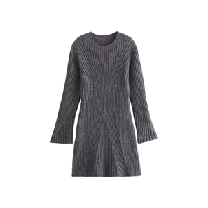 Close-up of dark grey ribbed knit fabric texture on this long sleeve dress