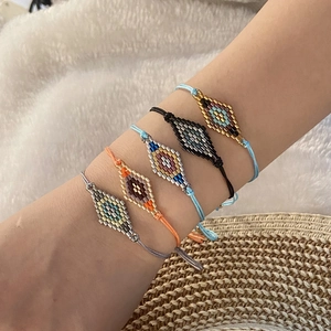 Handmade Woven Seed Bead Bracelet Bohemian Glass Rhombus Diamond Pattern Adjustable Cord Jewelry For Women Ethnic