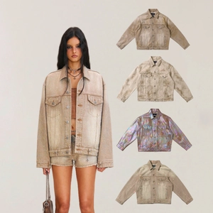Women Oversized Denim Jacket Vintage Distressed Wash Rhinestone Laser Coating Streetwear Retro Lapel Outerwear Coat