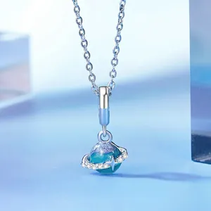 S925 sterling silver planet necklace with blue-green enamel and sparkling star ring