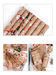 Macro view of Christmas kraft wrapping paper rolls with festive prints and gift twine