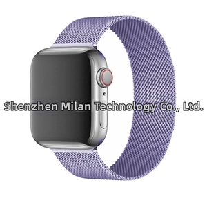 Detailed close-up of purple Milanese loop band with a stainless steel case for Apple Watch