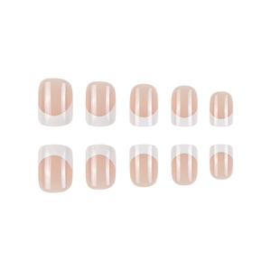 Classic short square French tips in nude pink and white color, set of ten press-on nails