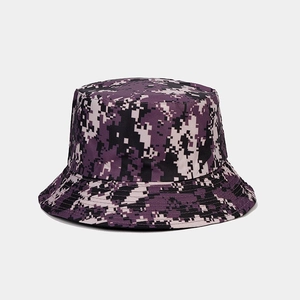 Detail view of purple digital camouflage bucket hat with pixelated outdoor pattern texture