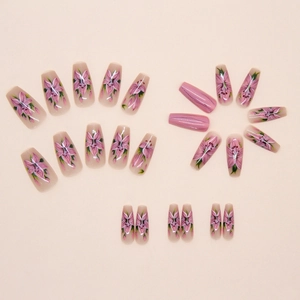 Floral long coffin press-on nails with pink lily hand-painted designs and glossy finish