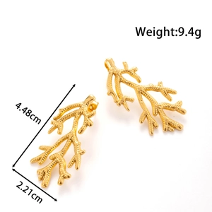 Textured gold stainless steel coral branch earrings on white background, 4.48cm long