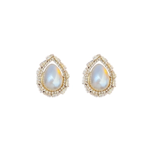 Exquisite gold teardrop earrings with central pearl and sparkling zircon crystal halo