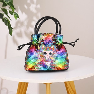 Rainbow sequin bucket bag with cartoon character design and drawstring closure