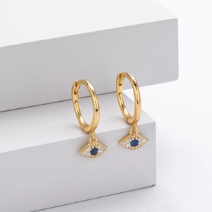 Exquisite gold S925 silver devil's eye earrings with blue gemstone and white diamonds