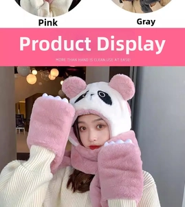 Detail view of pink and grey 3-in-1 plush panda hat with integrated scarf and gloves set