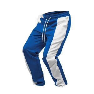Men's blue athletic sweatpants with white side stripes and drawstring waist design